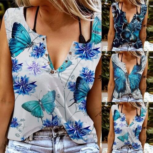 Summer Women Fashion Summer V-neck Digital Butterfly Printing Pullover Sexy Casual Vest Loose Butterfly Print Sleeveless T-shirt