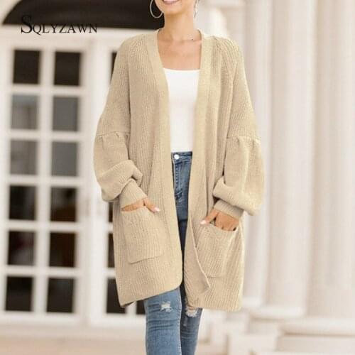 Knitted Long Sweater Cardigan Korean Lantern Sleeve Oversized Warm Coat Women Fall Winter Casual Beige Yellow Loose Pocket Top