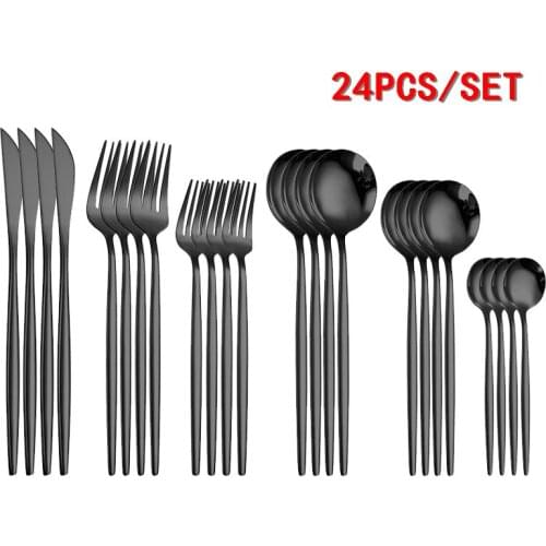 24pcs Black Dinnerware Set Stainless Steel Tableware Set Knife Fork Coffee Spoon Flatware Set Dishwasher Safe Gold Cutlery Sets