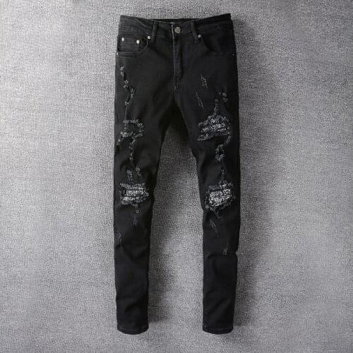 Black Ripped Jeans Men Casual Pleated Patchwork Destroyed Jeans Strechy Skinny Jeans For Men 2021 Plus Size Punk Rock Men Jean