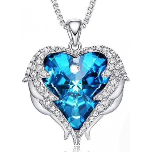 COCOM Sexy Angel Wing Love Heart Pendant Necklace with Blue Austrian Crystal Mothers Day Jewelry Gift for Women/Mom/Wife/Sister