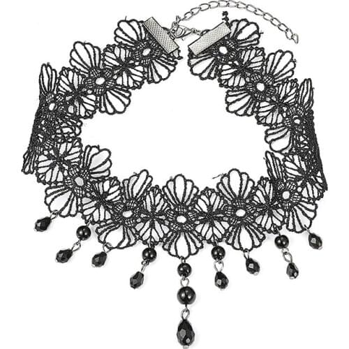 Gothic Sexy Black Lace Tassel Chain Necklace for Women Crystal Rhinestones Pendant Necklace Neck Choker Party Jewelry Gift