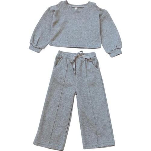 2021 Korean Fashion Girls Kids Tracksuit Children Off-the-shoulder Tops Wide Leg Pants 2pcs Clothing Sets Clothes For Teens