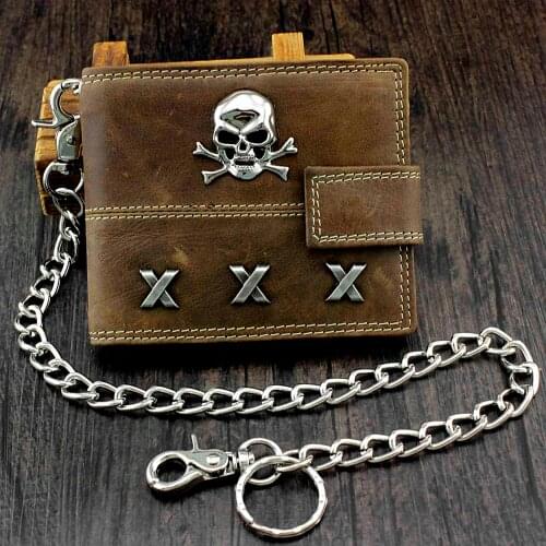 Skull Biker Span Leather Wallet With Coins Purse and Safe chain