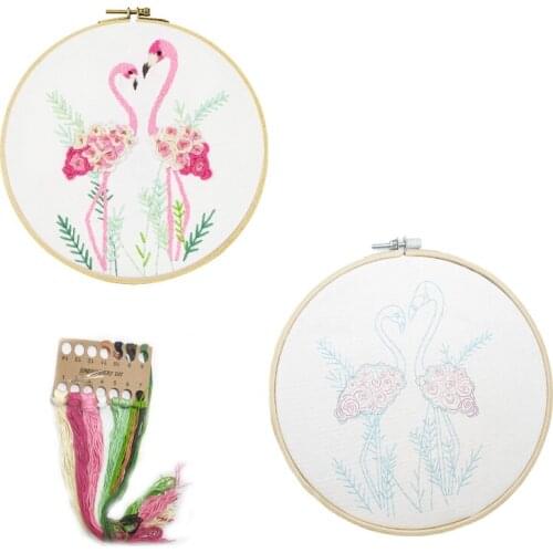 DIY Handmade Embroidery Craft Kit of Flamingo Bamboo Hoop Pattern Printed Cross Stitch Handicraft Sewing Art Painting Home Decor