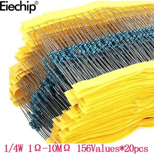 3120pcs 156 Value 1/4 watt Metal Film Resistor Assorted Kit,1% resistor samples pack 1 ohm-10M ohm DIY Electronic components set