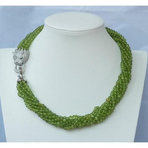New 4MM 8strds natural peridot Round necklace-zircon pendant 17"