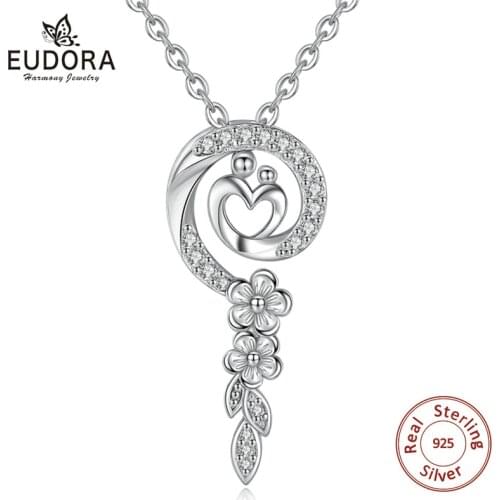 EUDORA 925 Sterling Silver Women Femme Mother Baby Shaped Cubic Zircon Pendant Heart Pendant with Flower Necklace Chains Jewelry