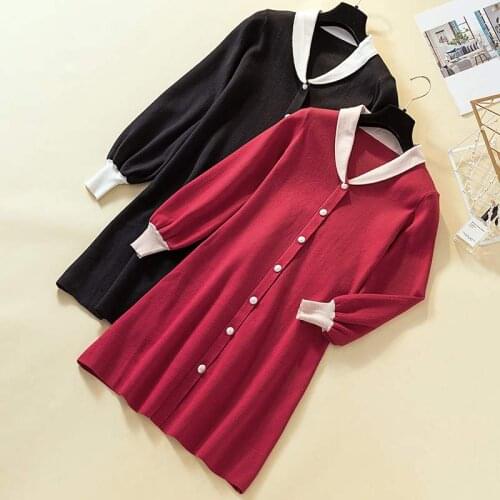 Casual Women Sweater Dress Autumn Winter 2020 Cozy Long Sleeve Button Elegant Short Mini Female Warm Knitted Dress