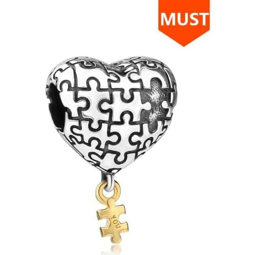 SG love heart Charms With puzzle charm beads 925 sterling Silver my heart is complete with you diy fit charms Bracelet for women