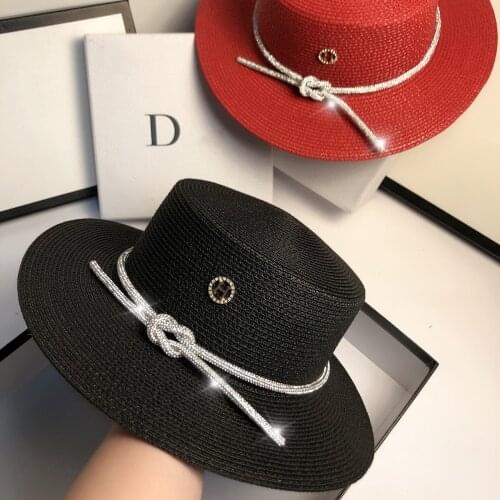 Light Luxury Korean Version Of Rhinestone Straw Hat Fashion Romantic French Hepburn Style Flat Top Cap Summer UV Sun Ha