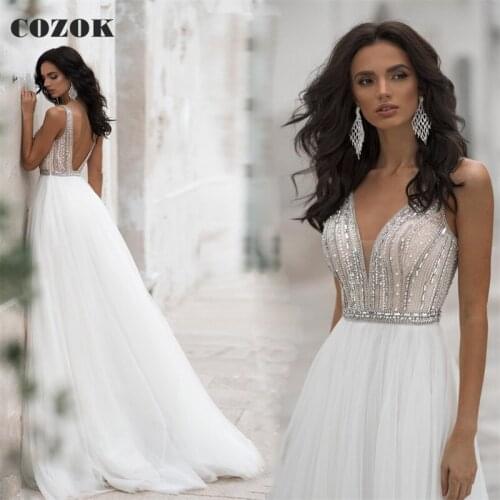 A-line V-neck Open Back Crystal Diamond Tulle Sexy Luxury Wedding Dresses Long Formal Bride Wedding Gowns Custom Size CZ65