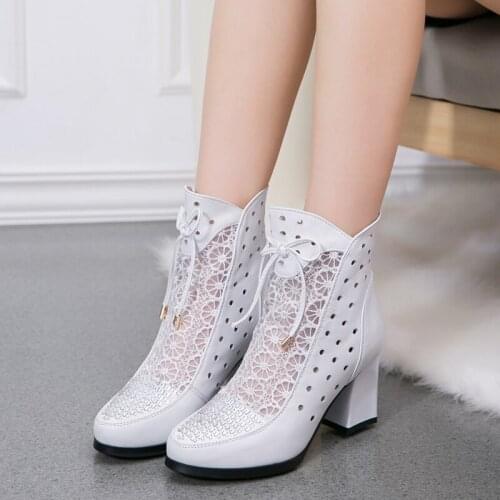Spring And Autumn White High-heeled Bud Silk Boots Leather Hollow Short Boots Wild Mesh Womens Boots Hollow Breathable Boots