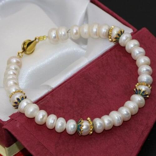 High grade abacus beads clasp natural 6*8mm white cultured freshwater pearl bracelets for bride women jewelry 7.5inch B2758