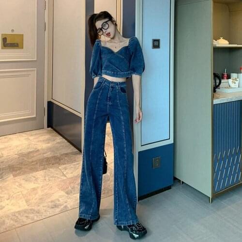 2021 New Korean Style Set Womens Retro Short Denim Jacket + Wide-Legged Pants Fashion Two-Piece Suit