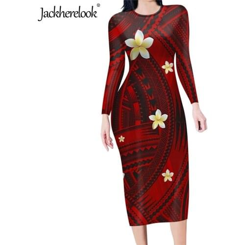 Jackherelook Womens Sexy Bodycon Pencil Dress Red Tattoo Polynesian Tribal Plumeria Brand Designer Office Ladys Slim Dresses