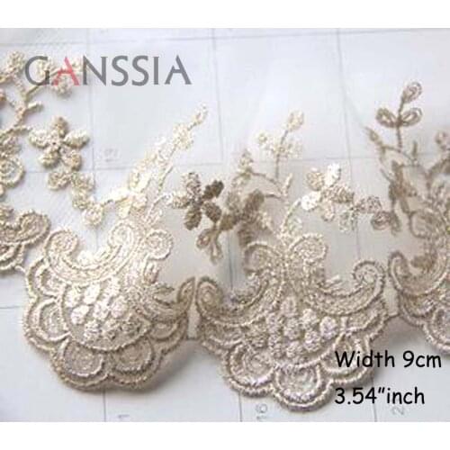 1yrd/lot Width: 9cm Light Gold color cotton embroidered lace Sewing accessories Embroidered lace trims trimmings(ss-878)