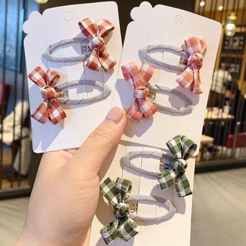 2Pcs/lot Grid Plaid Bow With Ribbon Covered BB Clip For Girls Kids Handmade Boutique Mini Hairpin Hair Accessories 5 Colors