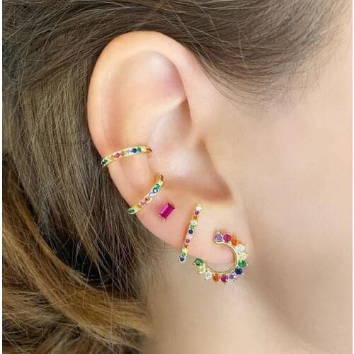 2021 Luxury Women Fashion Stud Earring Gold Filled Rainbow Baguette Cubic Zirconia Round Circle Geometry Simpe Trendy Earrings