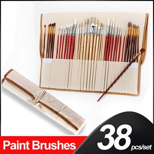 38 pcs Paint Brush Set with Canvas Bag Wooden Handle Artistic brushes Art Supplies for Oil Acrylic Watercolor Painting drawing