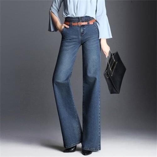 Free shipping 2019 womens autumn and winter new high waist wide leg business casual jeans large size stretch wide leg pants