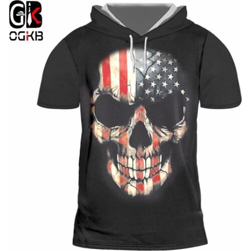 OGKB Summer Top Skull Hooded Tshirt Printed American Flag 3D T-shirt Men/womens Hiphop Punk Style Short Sleeve Hoody Pullover