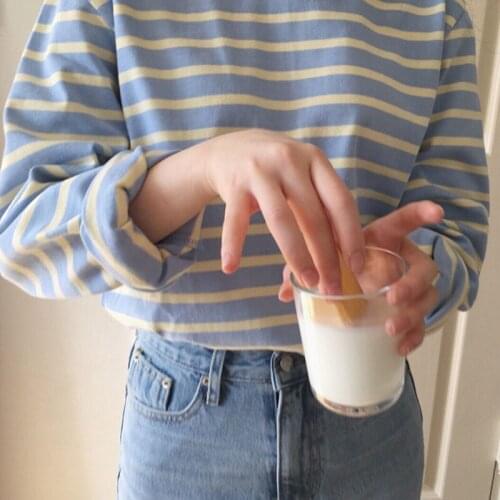 T-shirt Women Long Sleeve Striped Elegant Sweet Student Womens Classic Korean Lady O-Neck T-shirt Loose Trendy Female Clothing