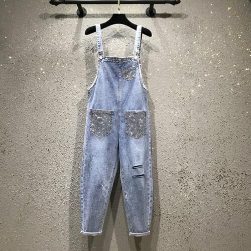Womens Pants Hot Rhinestone Denim Bib Loose and Thin Holes Nine-point Harlan Wide Leg Jumpsuit Woman Jeans