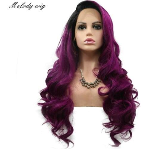 Melody Synthetic Lace Front Wigs Black Ombre Dark Purple Long Bouncy Curly for Women Natural Looking Daily Wear Cosplay Party