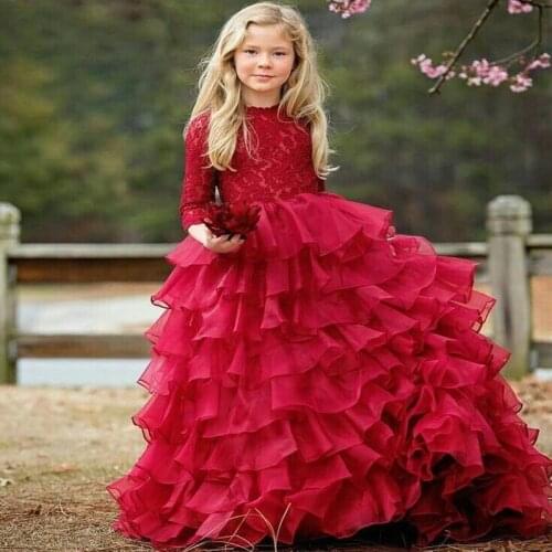 Long Sleeve Red Lace Flower Girls Dress Puffy Girls Princess Ball Gowns Red Girls Christmas Dresses Girls Red Festival Dresses