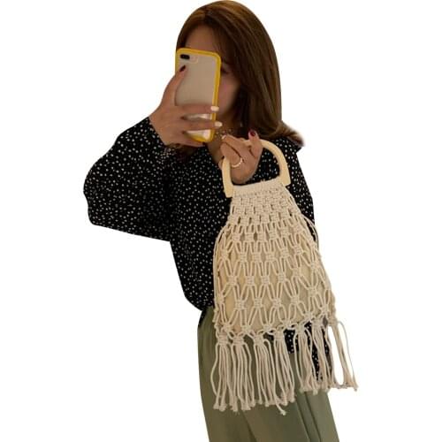 Summer Female Handbag Woven Bags Large Capacity Solid Color Tassel Beach Bag with Inner Pocket for Women