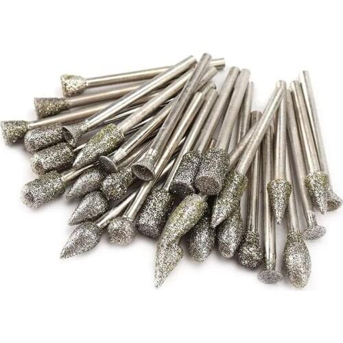 30 PCS Diamond Burr Set Rotary Grinding Burrs Drill Bits Set with 1/8 Inch Shank Diamond-Coated Stone Carving Bit
