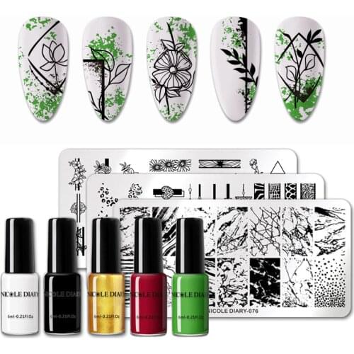 Nail Stamping Polish Set Flower Stripe Design Stamp Plates Kit Black White Gold Silver Printing Varnish Snake Pattern Stencil