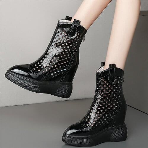 US Size3-9 Women Genuine Leather Wedges High Heel Motorcycle Boots Female High Top Pointed Toe Platform Pumps Shoes Casual Shoes
