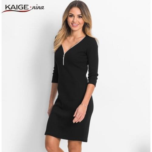 KaigeNina New Fashion Hot Sale Office Lady Solid Natural V-Neck Knee-Length Half sleeve Sheath Women Dress 18009 a