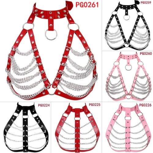 PU Leather Metal Chain Body Harness Cage Bra Lingerie Belt Fetish Sexy Punk Gothic Bondage Crop Tops Cosplay Wear for Women