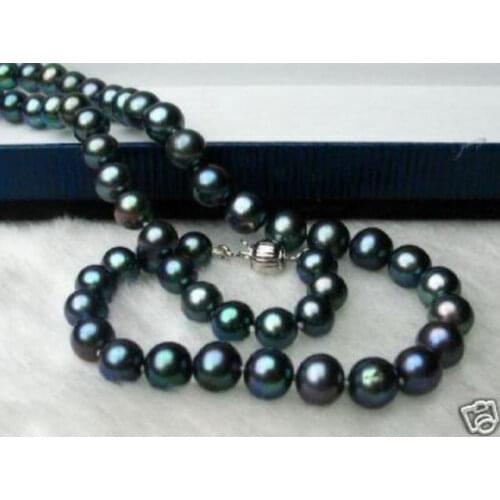 Stunning AAA 9-10 mm round black pearl necklace 18 inch 14k/20