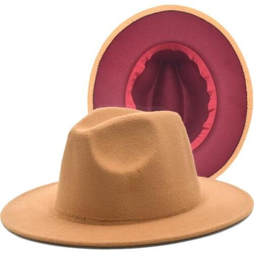 Simple Outer Orange Inner Blue Patchwork Wool Felt Jazz Fedora Hats with Thin Belt Buckle Men Women Wide Brim Panama Trilby Cap