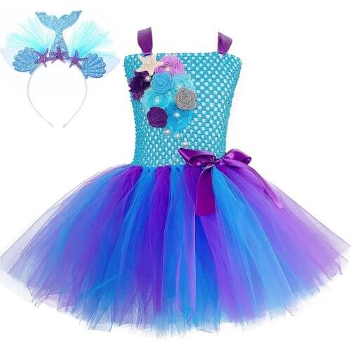 Purple Mermaid Costume Girls Flower Pearl Starfish Princess Tutu Dress Kids Birthday Party Clothes Child Christmas Purim Gifts