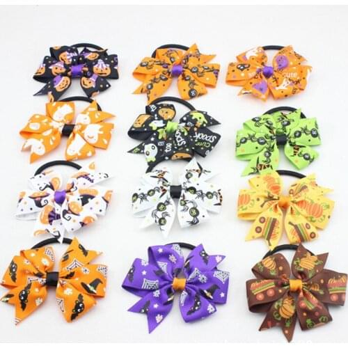 20PCS Hallowmas hair ABC bows clip spook Hair Tie Rope Bow cartoon spider 3" pumpkin Hair bobbles Elastic Hair Band HD3408