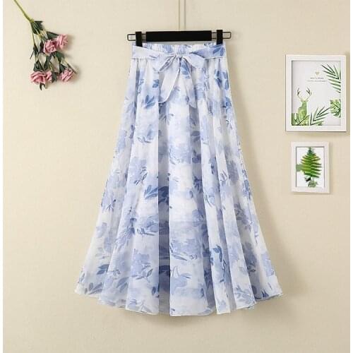 Floral Print Chiffon Skirts Womens Summer Holiday Beach Boho Skirt Long Korean Elegant Ladies Maxi Skirt