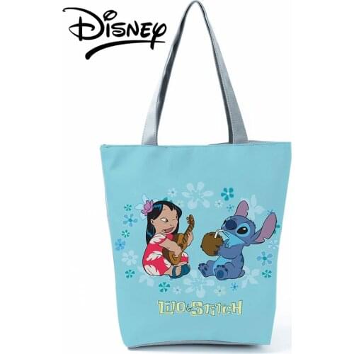 Disney Lilo Stitch Handbags High Capacity Tote Girl Cute Cartoon Shoulder Bag Blue Women Reusable Shoppaing Bag Travel Beach Bag