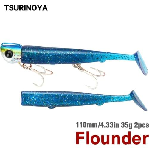 TSURINOYA Jig Head Long Casting T Tail Soft Lure Set 110mm 35g 2pcs Lure Body Seabass Flounder Saltwater Sinking Fishing Lure