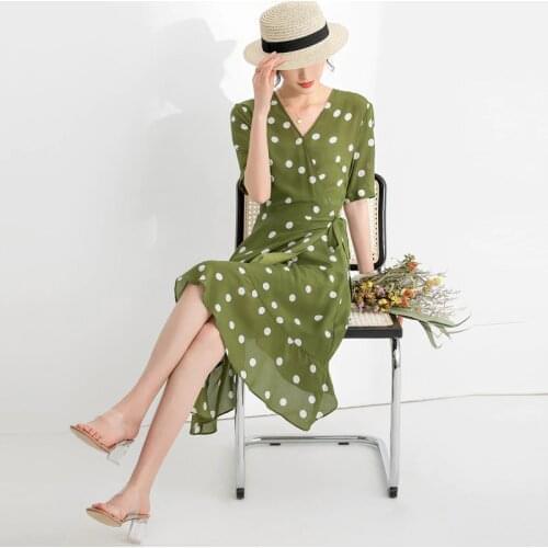Green v neck silk printed polka dot floral dress women summer long work boho beach office sexy party luxury dresses plus size