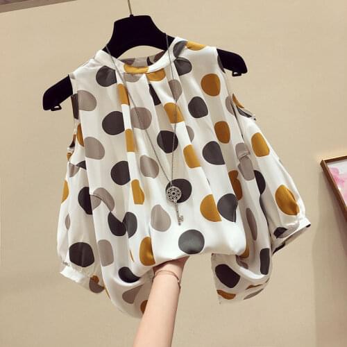 Women 2021 Summer Short Sleeve All-match Dots Chiffon ShirtOff-Shoulder Pullover Loose Blouse Blusas Mujer De Moda M-4XL Y761