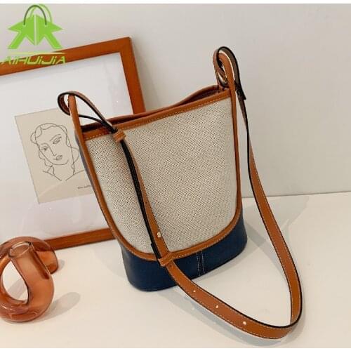 Casual High Capacity Handbag for Woman Fashion Pu Canvas Splicing Shoulder Bag 2021 New Luxury Designer Bucket Messenger Bags