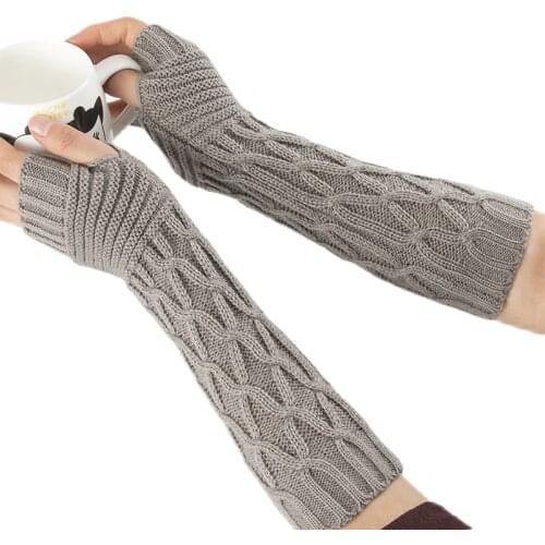 Sparsil Women Fingerless Mittens Stripe Twist Solid Color Warm Knitted Long Glove Autumn Winter Arm Sleeves Wrist Protector 30cm
