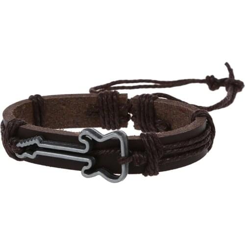 Women Men Adjustable Bracelet with Brown Leather Guitar 17 mm