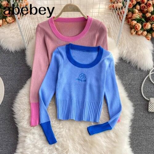 2021 New Spring Autumn Fashion O-Neck Long Sleeve knitted Pullover embroidery flower letter high waist short Sweater Top