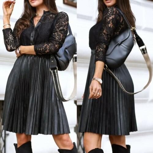 Women Sexy Lace Long Sleeve PU Leather Pleated Swing Dress OL Work Party Dress